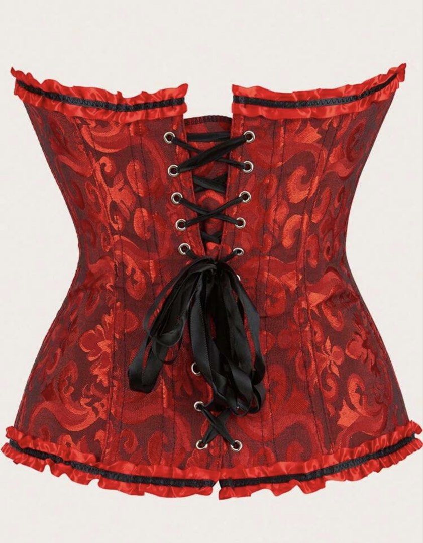 Red Brocade Corset Top with Ruffle Trim (Category: Sleeveless) located in Manila. Submitted by ekss11 (Listing ID 1470322186, Image 2). Description: - Design: red and black damask pattern - Neckline: Sweetheart style with ruffled trim - Closure: Front metal busk with loops, hooks, and ribbon ties - Fit & Structure: Vertical boning for body shaping - Details: Matching ruffles along the bottom hem.