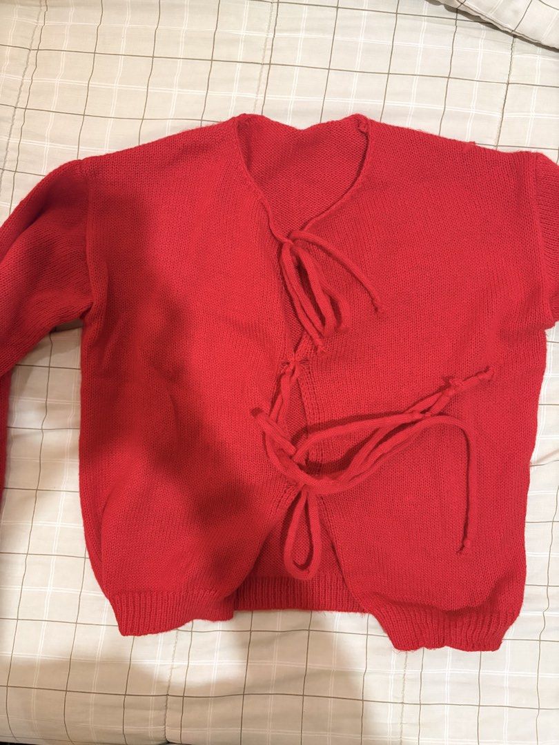 Red knit tie-front cardigan sweater (Category: Coats, Jackets and Outerwear) located in Dasmarinas. Submitted by littleczarmer (Listing ID 1470281463, Image 2). Description: - Color: Bright red - used once - fit s-m.