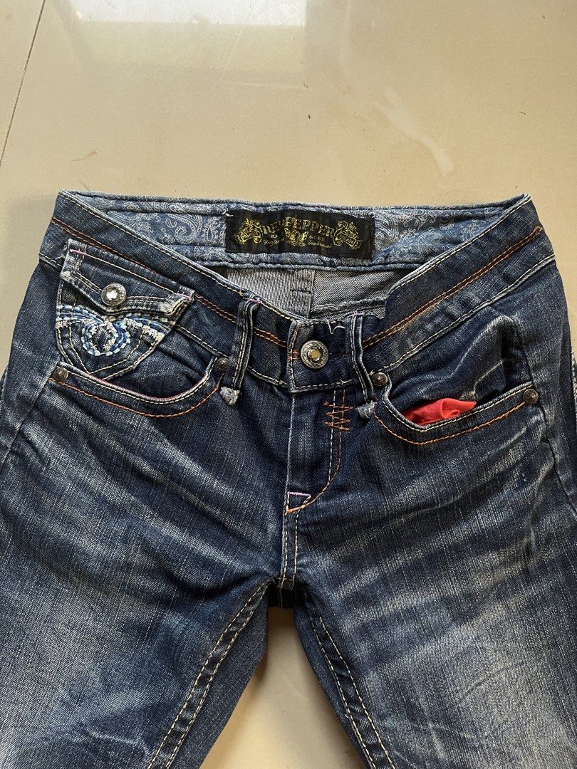 Red Pepper Denim Jeans Flared Rhinestone Studded Pockets (Category: Jeans) located in San Fernando. Submitted by p_thrifts (Listing ID 1470211348, Image 3). Description: 25 on tag pag measured on tape 27.