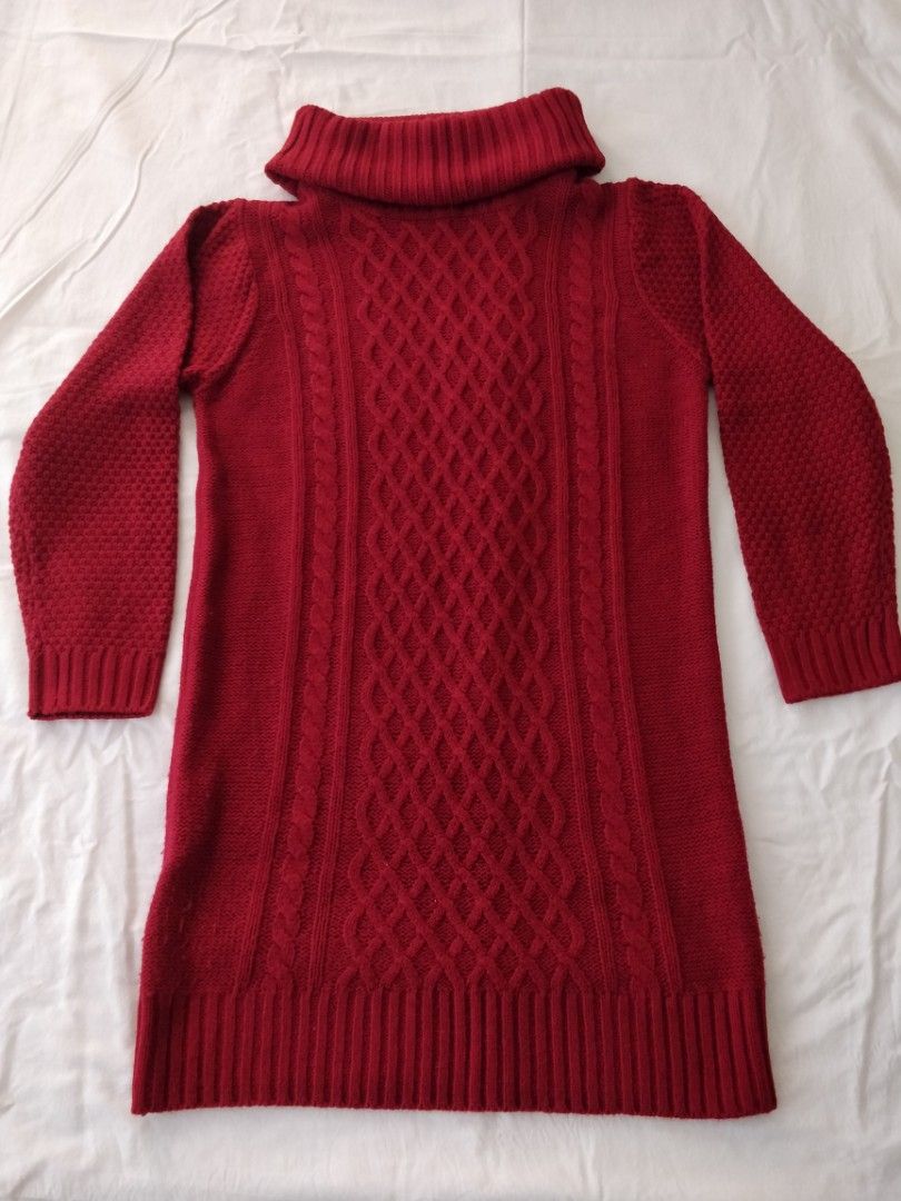 Red Turtleneck Cable Knit Sweater Dress (Category: Coats, Jackets and Outerwear) located in Marikina City. Submitted by rusellej (Listing ID 1470229867, Image 3). Description: - 18 inches pit to pit - Red cable knit sweater dress - Cozy chunky turtleneck collar - Long sleeves with ribbed hem - Thick, warm knit fabric - Hits above the knee, great with tall boots - First 2 pics are reference only for similar style.