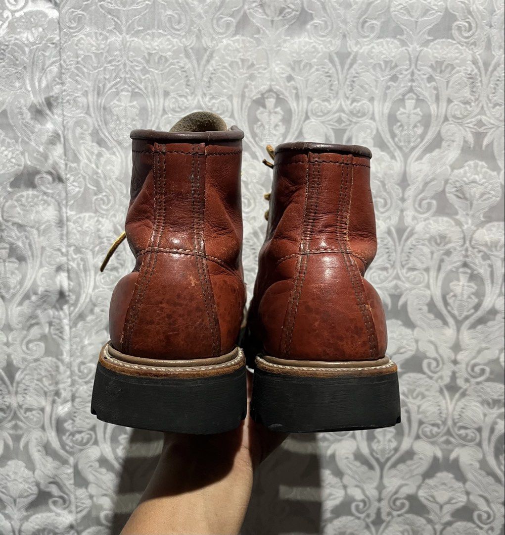 Red Wings Heritage Moc Toe Leather Boots (Category: Boots) located in General Santos City (Dadiangas). Submitted by thiftnibadi3 (Listing ID 1470259359, Image 3). Description: Red Wings leather work boots. Classic brown leather with contrast stitching. Lug soles for extra traction. Standard lace-up design with metal eyelets. Stamped logo on the side ankle. Plenty of wear left in the soles. Patina is developing nicely on the leather..