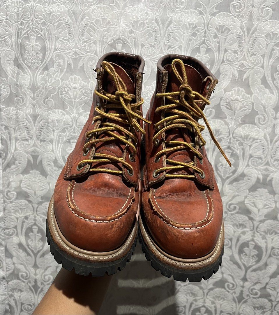 Red Wings Heritage Moc Toe Leather Boots (Category: Boots) located in General Santos City (Dadiangas). Submitted by thiftnibadi3 (Listing ID 1470259359, Image 1). Description: Red Wings leather work boots. Classic brown leather with contrast stitching. Lug soles for extra traction. Standard lace-up design with metal eyelets. Stamped logo on the side ankle. Plenty of wear left in the soles. Patina is developing nicely on the leather..