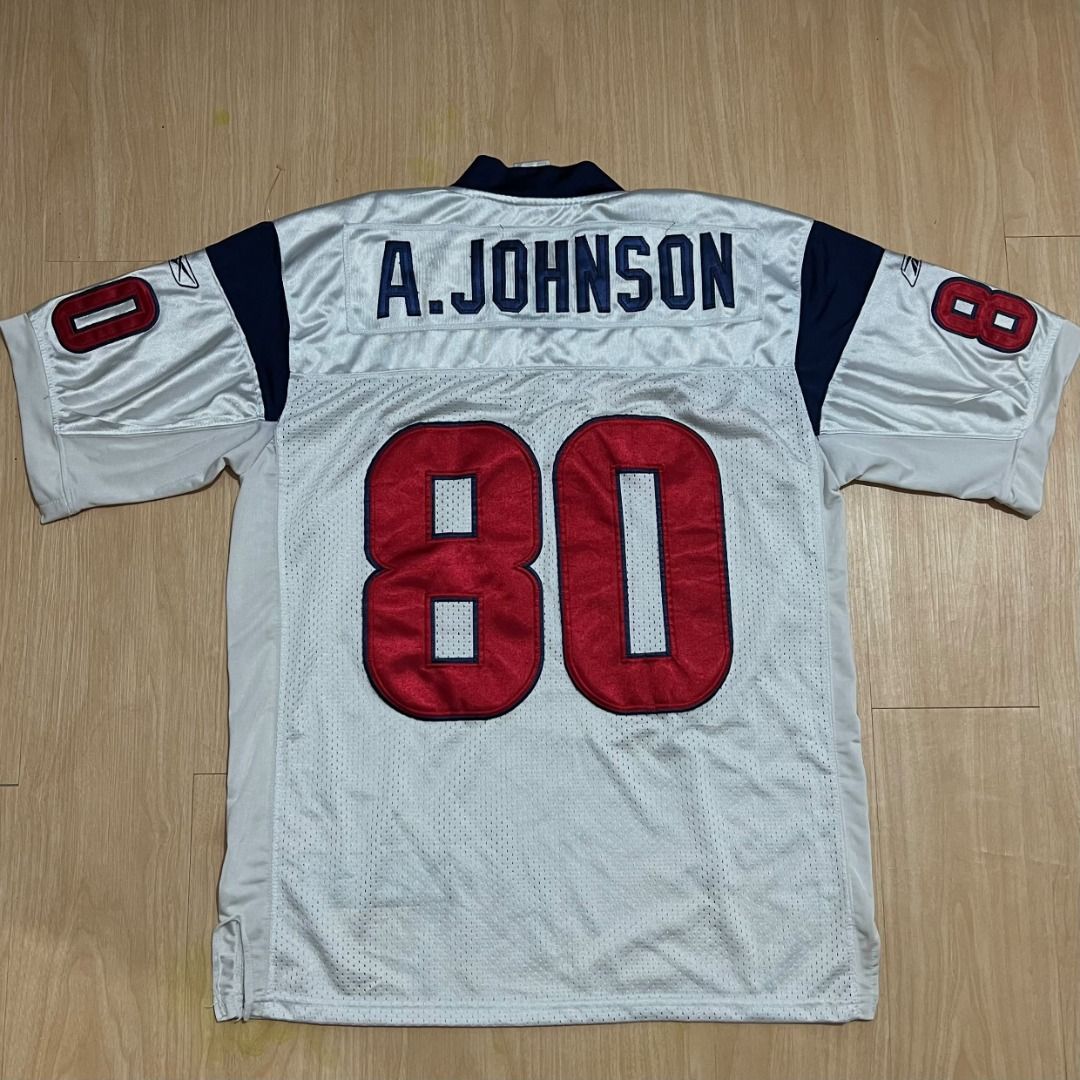 Reebok NFL Houston Texans Andre Johnson 80 Jersey White (Category: Activewear) located in Manila. Submitted by luxurybagsandshoes (Listing ID 1470233246, Image 3). Description: - Authentic Reebok Houston Texans Andre Johnson #80 jersey - Color: White body with navy blue collar and shoulder panels - Details: Red and blue tackle twill numbers and player name on back - Badges: NFL Equipment patch at the V-neck and Reebok logo patches on sleeves - Co