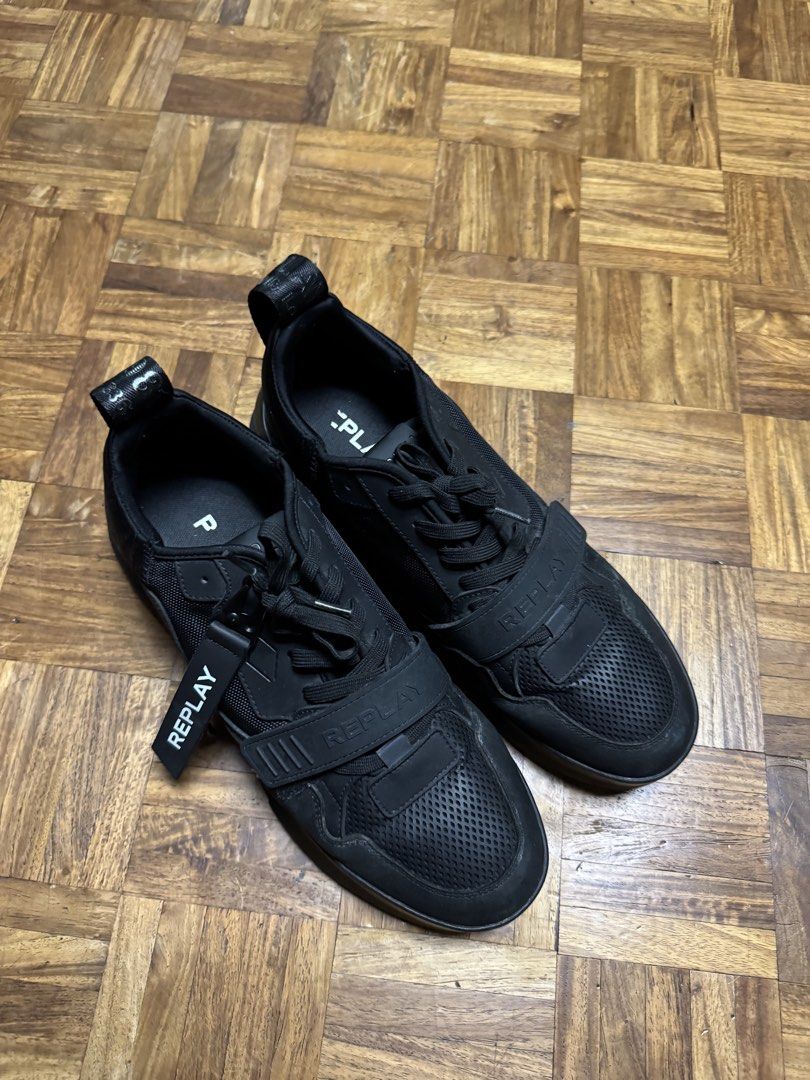 Replay Black Sneakers with Velcro Strap (Category: Shoe inserts & accessories) located in Manila. Submitted by seangoart (Listing ID 1470308508, Image 1). Description: - Brand: Replay - Color: All Black - Style: Daily streetwear sneakers - Design: Mesh toe box, lace-up front, and velcro strap with embossed logo branding - Details: Branded pull tab at the heel, clean inner lining, and removable insoles with code tags - Condition: Excellent daily w