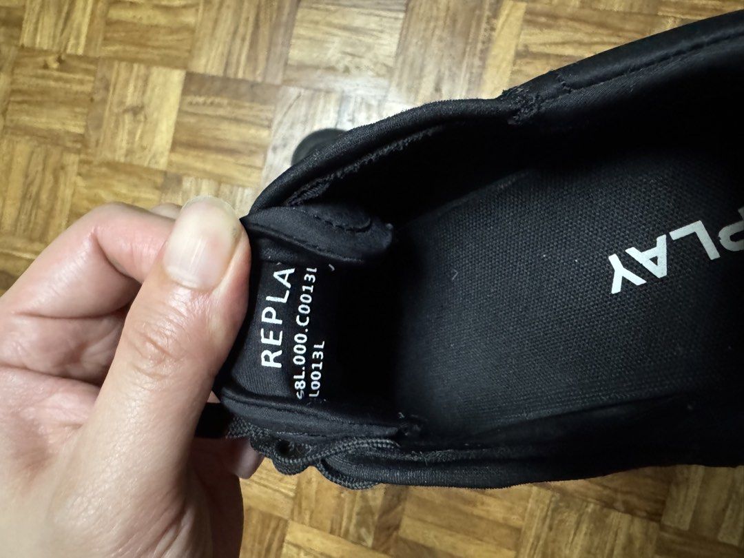 Replay Black Sneakers with Velcro Strap (Category: Shoe inserts & accessories) located in Manila. Submitted by seangoart (Listing ID 1470308508, Image 2). Description: - Brand: Replay - Color: All Black - Style: Daily streetwear sneakers - Design: Mesh toe box, lace-up front, and velcro strap with embossed logo branding - Details: Branded pull tab at the heel, clean inner lining, and removable insoles with code tags - Condition: Excellent daily w