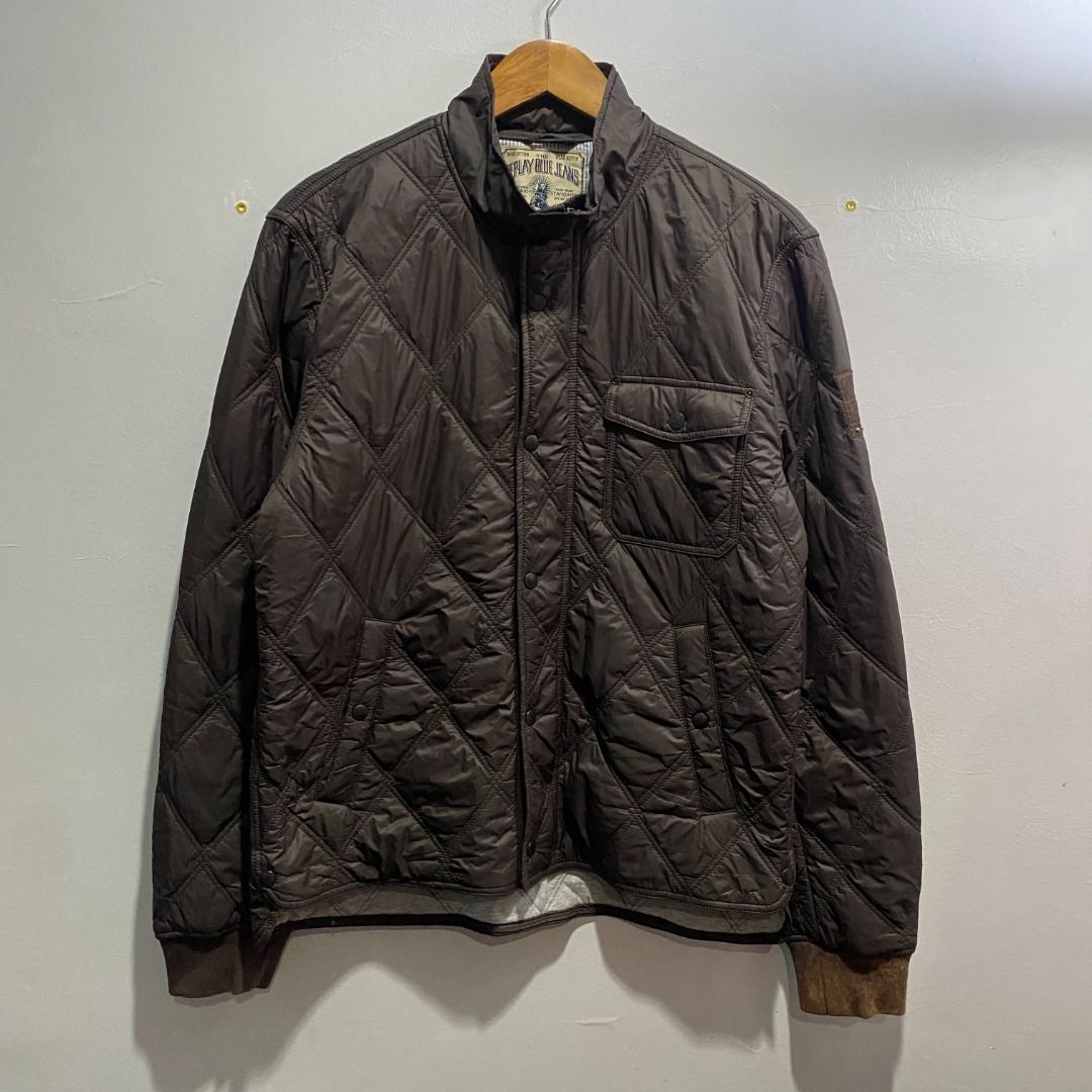 Replay Blue Jeans Diamond Quilted Jacket M/L (Category: Coats, Jackets and Outerwear) located in Antipolo. Submitted by bentakahitanoano (Listing ID 1470172844, Image 2). Description: The garment shown is a vintage Replay Blue Jeans Men's Biker Diamond Quilted Jacket in a dark brown colorway. Replay is a well-known Italian premium casualwear brand founded under Japan Fashion Box S.p.A., recognized for its high-quality denim and contemporary utili