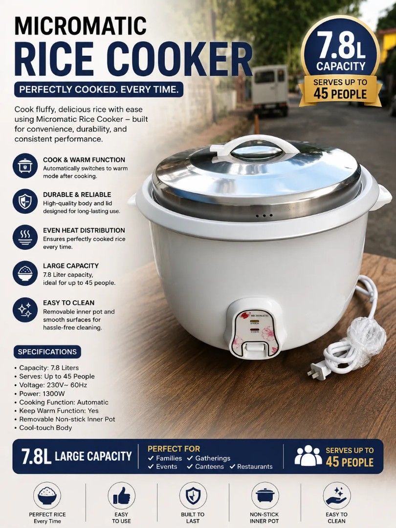 Rice cooker micromatic 7.8L (Category: Cookers) located in Manila. Submitted by joydolor (Listing ID 1470171562, Image 1). Description: -RICECOOKER- Micromatic 7.8liters 4500.