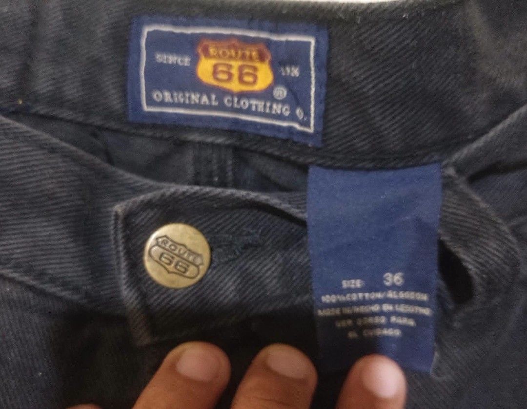 Route 66 Black Denim Cargo Shorts Size 36 (Category: Shorts) located in San Carlos City. Submitted by dhong_abay_thrift (Listing ID 1470206380, Image 3). Description: - Brand: Route 66 - Style: Carpenter denim shorts - Color: Washed black - Size: 36 - Material: 100% heavy-duty cotton - Features: Side pocket details, back patch pockets, branded leather patch, metal button closure.
