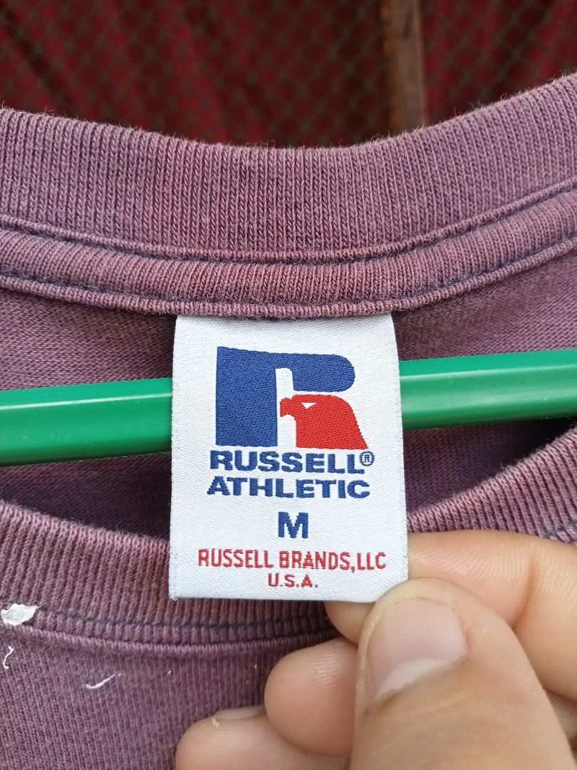 Russell Athletic Faded Ghost Pocket Tee (Category: Tshirts & Polo Shirts ) located in Cabadbaran. Submitted by reizen_ace051823 (Listing ID 1470176458, Image 2). Description: - good condition - pinholes, paint stain - size medium on tag - dimes L26.5 x W21.5 - model 5'9.