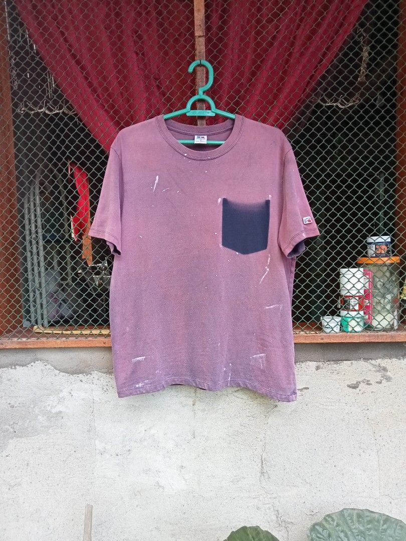 Russell Athletic Faded Ghost Pocket Tee (Category: Tshirts & Polo Shirts ) located in Cabadbaran. Submitted by reizen_ace051823 (Listing ID 1470176458, Image 1). Description: - good condition - pinholes, paint stain - size medium on tag - dimes L26.5 x W21.5 - model 5'9.