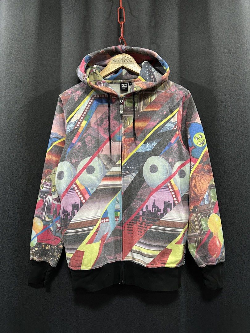 Rusty Full Zip Graphic Print Hoodie Size M (Category: Coats, Jackets and Outerwear) located in Mabalacat. Submitted by mrniceguy421 (Listing ID 1470173599, Image 1). Description: - Brand: Rusty - Style: Full-zip hoodie with an all-over abstract collage print - Size: Medium (tag on collar) - Details: Black ribbed cuffs and hem, adjustable hood drawstrings, branded zipper pull - Vibe: Colorful streetwear piece - Condition: Well-maintained and ready