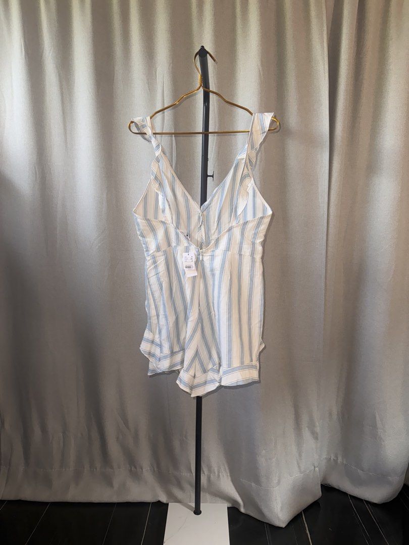 (S) BNWT Topshop Blue White Striped Ruffle Romper (Category: Rompers) located in Morong. Submitted by lysskr (Listing ID 1470308069, Image 3). Description: - Brand: Topshop - Style: Blue and white striped romper with V-neckline, low back and sleeveless design - Details: Ruffled trim on the front, straps, waist, and hem - Closure: Back zipper - Fabric: Lightweight and comfortable - Condition: Brand new with original tags attached, unworn RFS: Decl