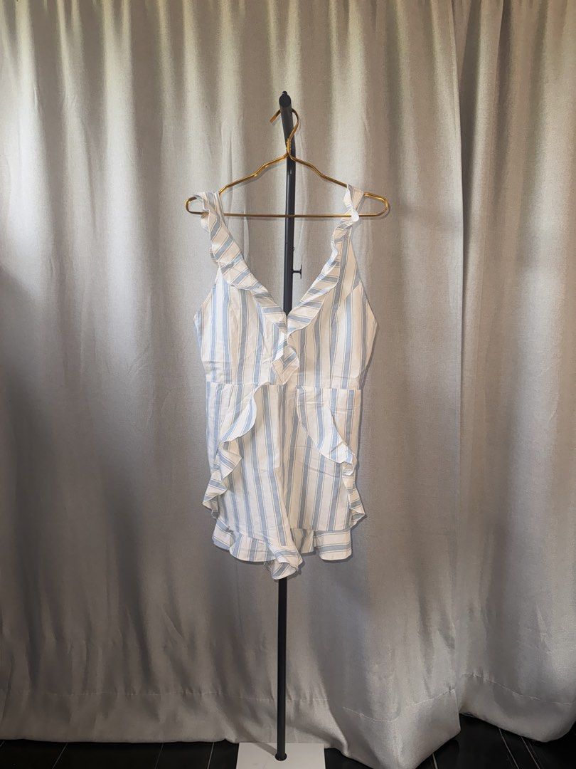 (S) BNWT Topshop Blue White Striped Ruffle Romper (Category: Rompers) located in Morong. Submitted by lysskr (Listing ID 1470308069, Image 1). Description: - Brand: Topshop - Style: Blue and white striped romper with V-neckline, low back and sleeveless design - Details: Ruffled trim on the front, straps, waist, and hem - Closure: Back zipper - Fabric: Lightweight and comfortable - Condition: Brand new with original tags attached, unworn RFS: Decl