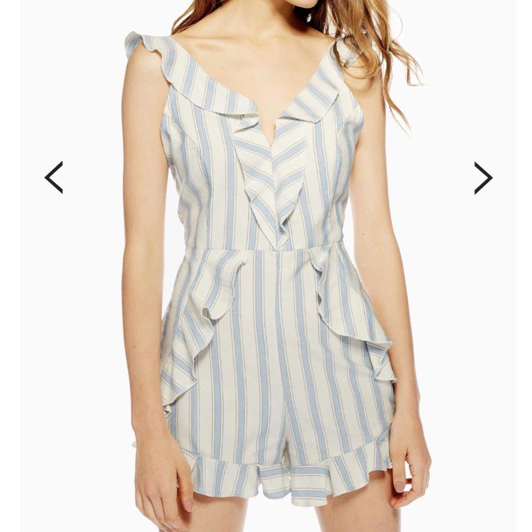 (S) BNWT Topshop Blue White Striped Ruffle Romper (Category: Rompers) located in Morong. Submitted by lysskr (Listing ID 1470308069, Image 2). Description: - Brand: Topshop - Style: Blue and white striped romper with V-neckline, low back and sleeveless design - Details: Ruffled trim on the front, straps, waist, and hem - Closure: Back zipper - Fabric: Lightweight and comfortable - Condition: Brand new with original tags attached, unworn RFS: Decl