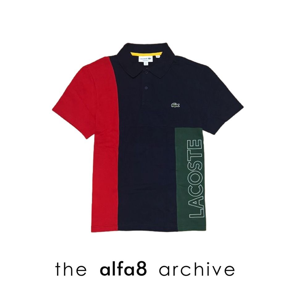 [S] LACOSTE | Authentic Colorblock Regular Fit Polo Shirt Navy Blue Red Green (Category: Tshirts & Polo Shirts ) located in Imus. Submitted by thealfa8archive (Listing ID 1465743997, Image 1). Description: - Brand: Lacoste - Style: Colorblock polo shirt (Navy Blue, Red, Green) with bold vertical LACOSTE lettering - Size: FR 3 / US Small (Regular Fit) - Details: Short sleeves, 3-button placket, contrast yellow inner collar lining, classic embroide
