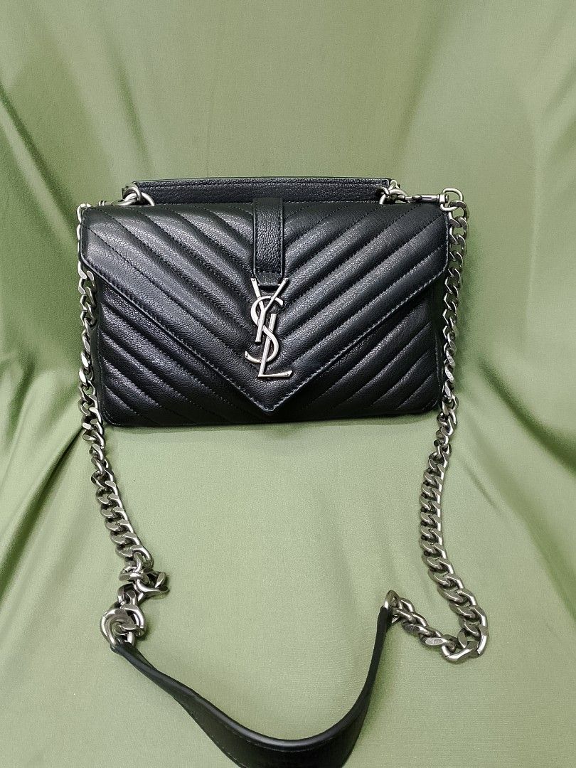 Saint Laurent College Monogram Chain Bag Black (Category: Luxury Bags & Wallets) located in Baguio. Submitted by luxuryitems08 (Listing ID 1470143344, Image 1). Description: - Brand: Saint Laurent (YSL) - Style: College Bag - Color: Black with silver-tone hardware - Material: Leather with chic chevron quilting - Features: Iconic YSL monogram, top handle, and chain shoulder strap with leather comfort pad - Closure: Secure magnetic snap under the f