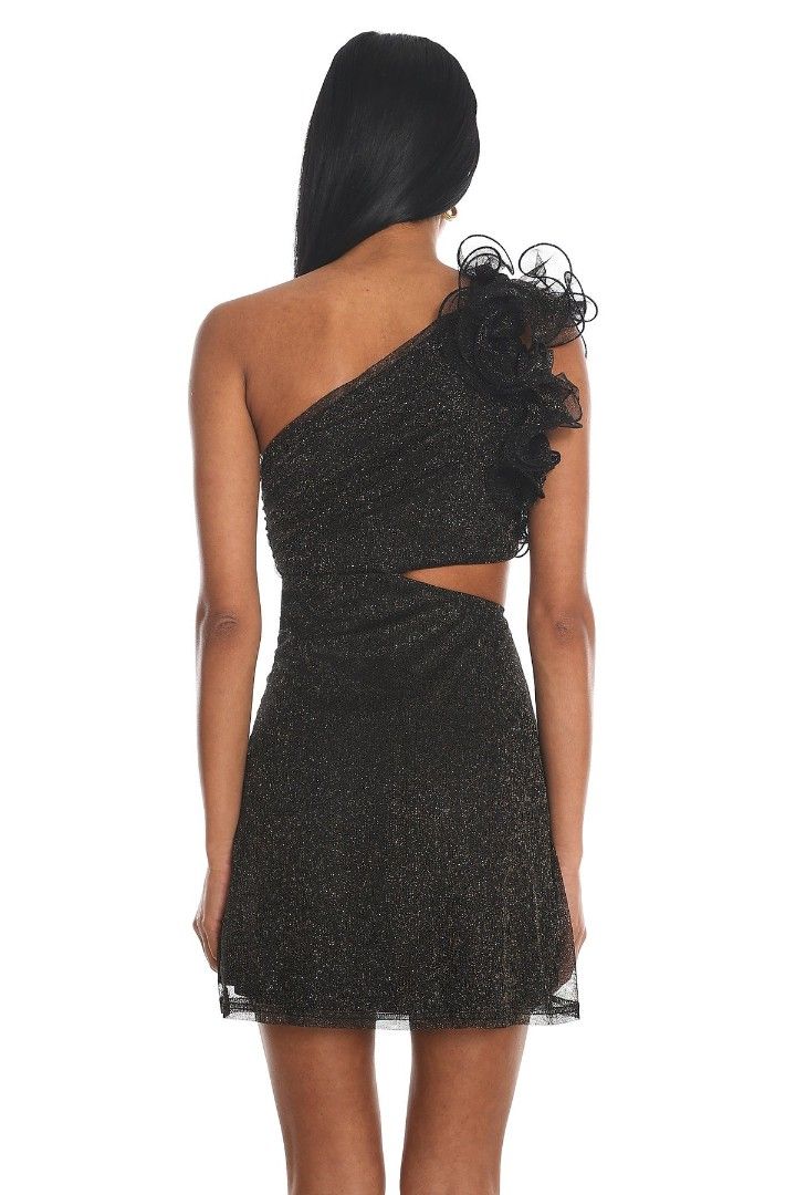 SAINTS & SECRETS Black-gold one shoulder mini dress (Category: Dresses) located in Alicia. Submitted by glambercena (Listing ID 1470204261, Image 3). Description: black and gold metallic one-shoulder mini dress featuring a side waist cut-out and a ruffled shoulder detail. dimes: bust: 34"-40" (armpit to armpit) stretched waist: 28"-32" (stretched) length: 36" stretchable mesh fabric.