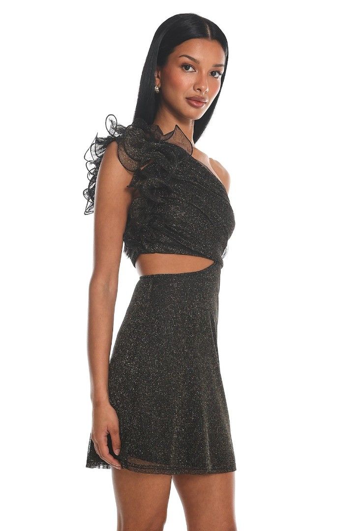 SAINTS & SECRETS Black-gold one shoulder mini dress (Category: Dresses) located in Alicia. Submitted by glambercena (Listing ID 1470204261, Image 2). Description: black and gold metallic one-shoulder mini dress featuring a side waist cut-out and a ruffled shoulder detail. dimes: bust: 34"-40" (armpit to armpit) stretched waist: 28"-32" (stretched) length: 36" stretchable mesh fabric.