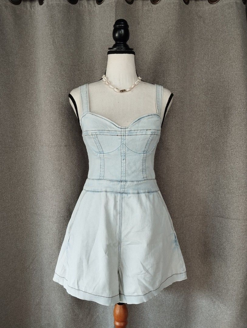 SAINTS & SECRETS denim romper (Category: Rompers) located in Alicia. Submitted by glambercena (Listing ID 1470178953, Image 3). Description: dimes: bust: 30"-32" (armpit to armpit) waist: 26"-27" length: 28" Small on tag, semi stretchable. adjustable strap.
