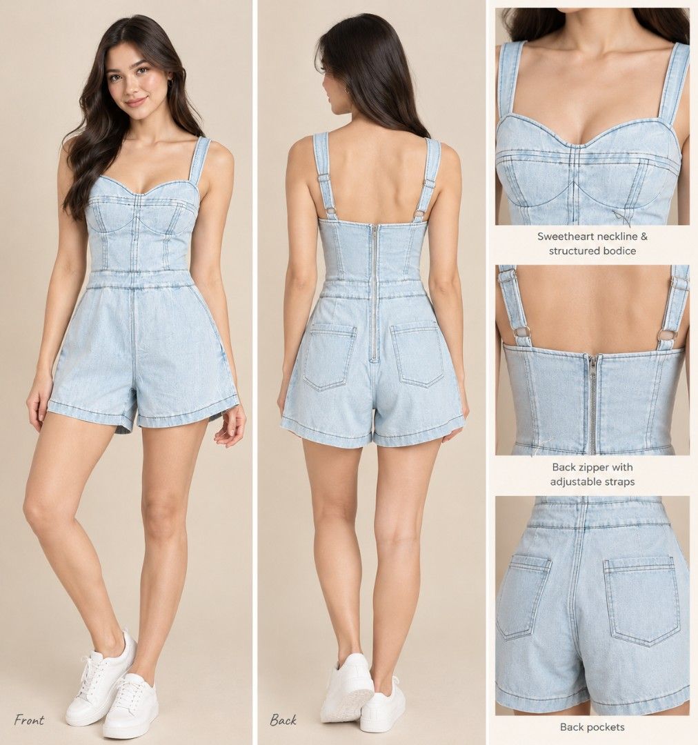 SAINTS & SECRETS denim romper (Category: Rompers) located in Alicia. Submitted by glambercena (Listing ID 1470178953, Image 2). Description: dimes: bust: 30"-32" (armpit to armpit) waist: 26"-27" length: 28" Small on tag, semi stretchable. adjustable strap.