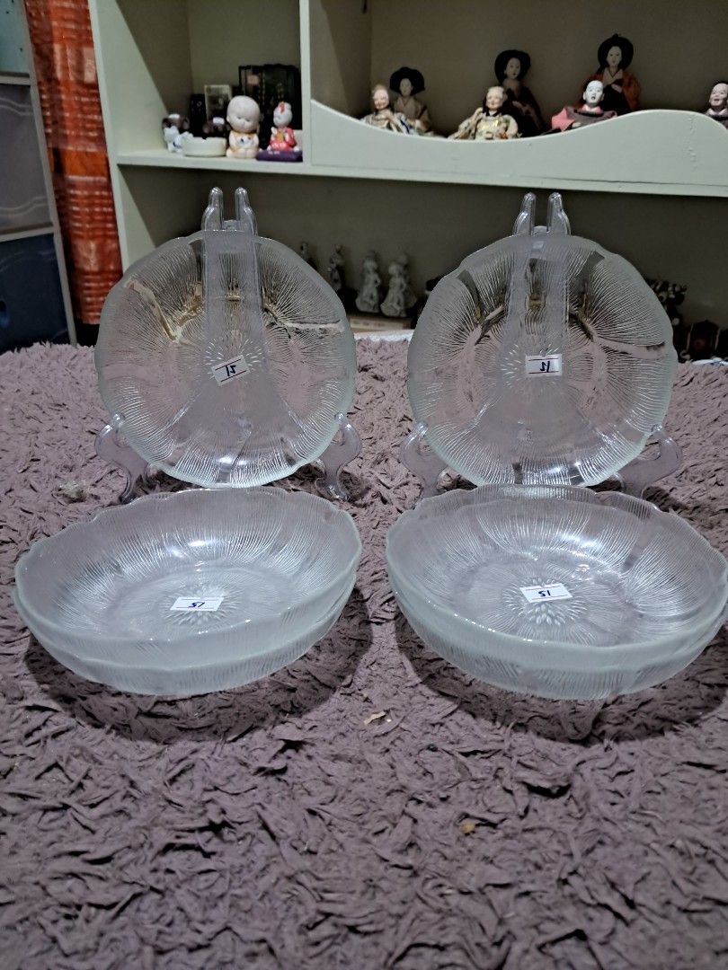 Salad plate 21 pcs available (Category: Dinnerware & Cutlery) located in Cavite. Submitted by secretjapansurplus (Listing ID 1470246099, Image 2). Description: 21 pcs available • Authentic Vintage: Genuine retro pressed glassware featuring an elegant floral radial petal design with scalloped edges. • Dimensions: Includes individual serving bowls measuring approximately 6.25 to 6.5 inches in diameter and 1.5 inches in depth, along with matching ac