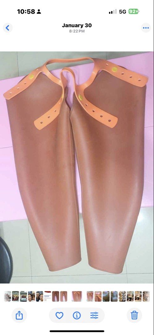 Salisbury Molded Rubber Insulating Sleeves (Category: Construction & Building Materials) located in Mandaue City. Submitted by erin_grace (Listing ID 1470164608, Image 3). Description: - Brand/Item: Salisbury molded rubber insulating sleeves (Brown) - Fit: Adjustable orange strap with multiple snap button positions - Dimensions: Approx. 26 inches long and 21 inches wide across the top - Details: Includes round green safety inspection stickers nea
