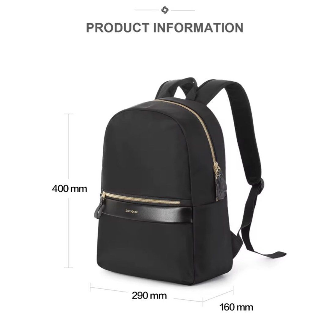 Samsonite Backpack (Category: Backpacks) located in Singapore. Submitted by carousae (Listing ID 1470236243, Image 5). Description: - Color: Classic black with elegant gold hardware zippers - Dimensions: 290 mm (W) x 400 mm (H) x 160 mm (D) - Features: Spacious main compartment, front zip pocket, adjustable shoulder straps, and top grab handle - Good condition with minimal wear - Free tracked mail.