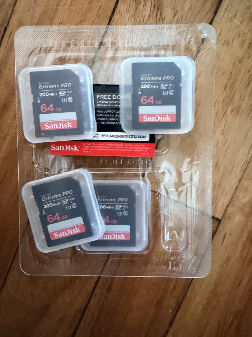 SanDisk 64GB Extreme Pro Memory Card 4 pcs (Category: Memory & SD Cards) located in Makati City. Submitted by secondhand_finds (Listing ID 1470181230, Image 2). Description: Used once 4 pieces available .