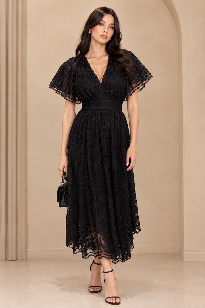 Sandro long pleated lace dress (Category: Dresses) located in Quezon City. Submitted by swift_kenjie (Listing ID 1470316671, Image 1). Description: 🖤 SANDRO PARIS | ELEGANT BLACK LACE DRESS 🖤 Quiet luxury at its finest! ✨ A stunning black lace dress featuring gorgeous flutter sleeves, delicate sheer details, and a flattering cinched waist. Timeless, feminine, and effortlessly sophisticated. Perfect for formal events, elegant dinners, parties, a