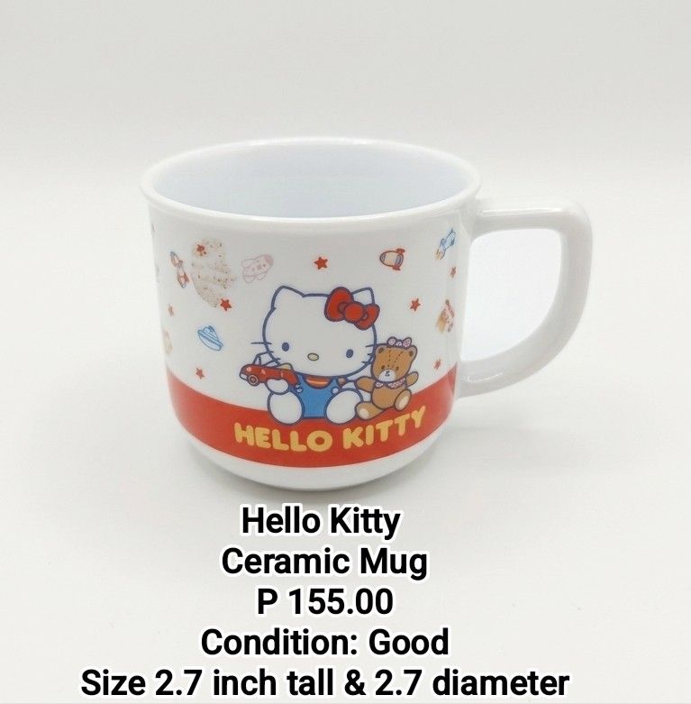 Sanrio Hello Kitty Ceramic Mug Cup (Category: Coffee & Tea Tableware) located in Binan City. Submitted by mayjhe (Listing ID 1470161818, Image 1). Description: 💛 For Sale 💛 🌸 Sanrio Hello Kitty 🍀 Ceramic Mug 📍 Condition: Good 💰 Price is ₱ 155.00 👉 Other details posted 🇵🇭 Location Biñan Laguna 🛵 Courier J& T and Lalamove 📋 Shipping by schedule 📍 NO COD & COP 📌 All items are carefully packed and labeled with Fragile stickers for breaka