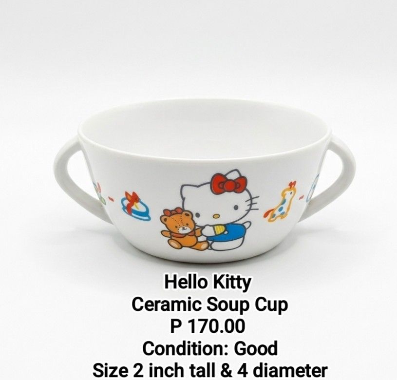 Sanrio Hello Kitty Ceramic Mug Soup (Category: Coffee & Tea Tableware) located in Binan City. Submitted by mayjhe (Listing ID 1470161971, Image 1). Description: 💛 For Sale 💛 🌸 Sanrio Hello Kitty 🍀 Ceramic Mug Soup 📍 Condition: Good 💰 Price is ₱ 170.00 👉 Other details posted 🇵🇭 Location Biñan Laguna 🛵 Courier J& T and Lalamove 📋 Shipping by schedule 📍 NO COD & COP 📌 All items are carefully packed and labeled with Fragile stickers for 
