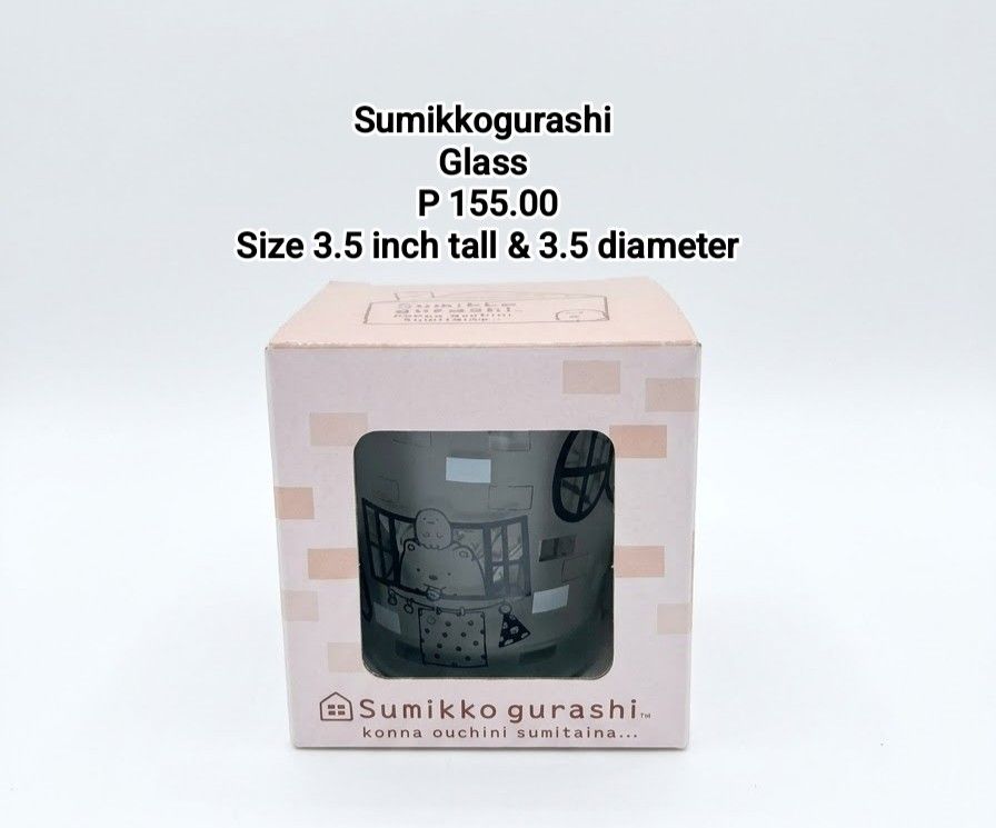 Sanx Sumikkogurashi Glass (Category: Other Kitchenware & Tableware) located in Binan City. Submitted by mayjhe (Listing ID 1470163893, Image 1). Description: 💛 For Sale 💛 🌸 Sumikkogurashi 🍀 Glass 📍 Condition: Good 💰 Price is ₱ 155.00 👉 Other details posted 🇵🇭 Location Biñan Laguna 🛵 Courier J& T and Lalamove 📋 Shipping by schedule 📍 NO COD & COP 📌 All items are carefully packed and labeled with Fragile stickers for breakable goods. H