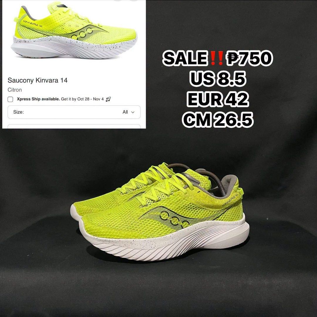 Saucony Kinvara 14 Citron US 8.5 (Category: Sneakers) located in Bulacan. Submitted by ogieeee (Listing ID 1470236136, Image 1). Description: - Brand/Model: Saucony Kinvara 14 - Colorway: Neon Yellow Citron - Size: US 8.5 / EUR 42 / CM 26.5 - Features: Lightweight mesh upper, cushioned white speckled sole, and Formfit insole - Best for: Daily runs or gym workouts - Price: P750 only.