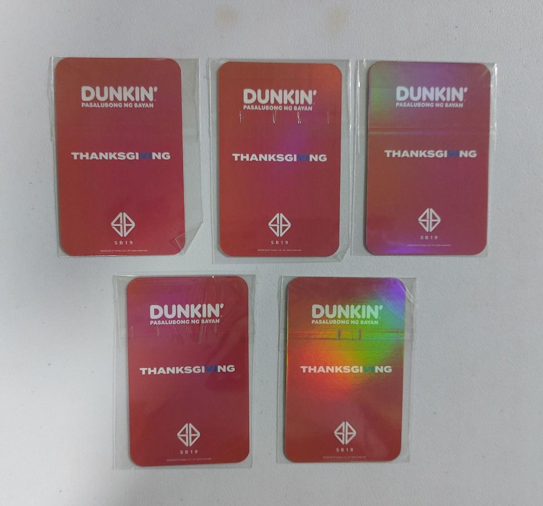 SB19 Dunkin' Thanksgiving Photocard Set (Category: K-Wave Merchandise) located in Pasig City. Submitted by keithra (Listing ID 1470336610, Image 2). Description: - Complete set of 5 SB19 members: Pablo, Josh, Stell, Justin, and Ken - Official Dunkin Thanksgiving collaboration photocards - Stunning holographic finish with printed signatures on the back - Selling as a complete set only - Last Price Meetup: Choice Market Ortigas Delivery: Grab or La