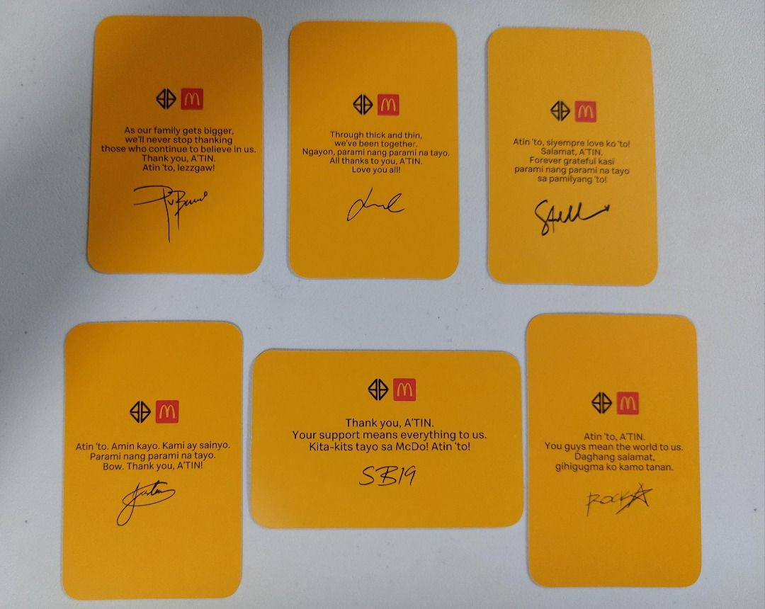 SB19 McDonald's Photocard Set (Category: Other Merchandise) located in Pasig City. Submitted by keithra (Listing ID 1470336464, Image 2). Description: - Complete set of SB19 McDonald's photocards - Includes individual member cards (Pablo, Josh, Stell, Justin, Ken) plus 1 group card - Backs feature printed signatures and personal messages - Vibrant yellow theme design - Sold as a set. - Last Price Meetup: Choice Market Ortigas Delivery: Grab or La