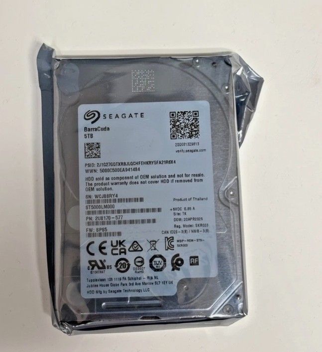 Seagate Barracuda 5TB Internal Hard Drive ST5000LM000 (Category: Hard Disks & Thumbdrives) located in Dasmarinas. Submitted by pcsulit (Listing ID 1470273925, Image 1). Description: - Brand: Seagate Barracuda - Capacity: 5TB - Model: ST5000LM000 - Form Factor: 2.5-inch (5V DC) - Condition: Brand new, still sealed in original anti-static manufacturer packaging - Serial Number: WCJB8RY4 - Manufacture Date: April 20, 2025 (Made in Thailand) - Best F