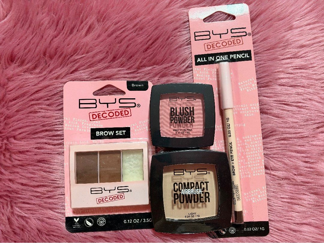 SEALED BYS makeup bundle (Category: Makeup) located in Antipolo. Submitted by micheicheim (Listing ID 1470243381, Image 1). Description: BYS BUNDLE 👉🏼BYS DECODED BROW SET 👉🏼BYS DECODED ALL IN ONE BROW+EYE PENCIL 👉🏼BYS BLUSH POWDER PRETTY IN PINK 👉🏼BYS COMPACT POWDER LIGHT.