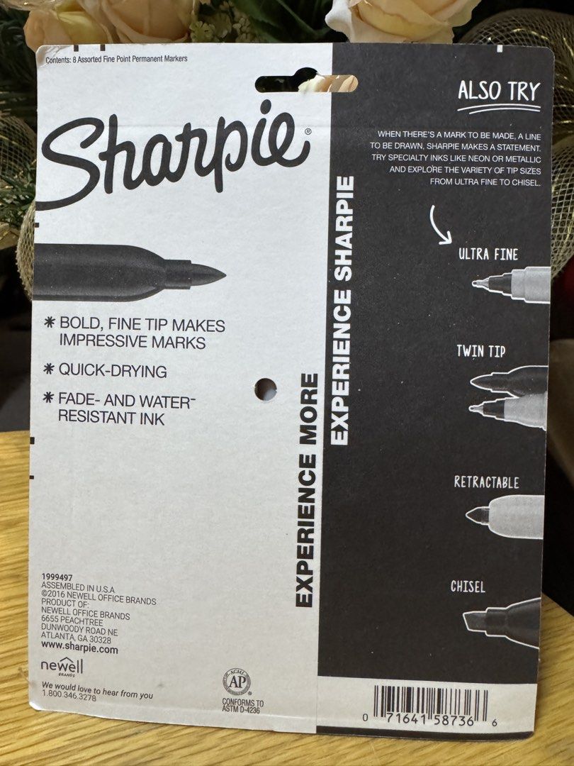 Sharpie Fine Point Permanent Marker 8 Count Assorted Colors (Category: Stationery & School Supplies) located in Quezon City. Submitted by kryshnanzyanna (Listing ID 1470181005, Image 2). Description: - Brand: Sharpie - Condition: Brand new, still sealed in original packaging - Quantity: Pack of 8 markers in assorted colors - Tip Type: Fine point for bold lines - Ink Features: Quick-drying, fade-resistant, and water-resistant - Versatility: Marks 