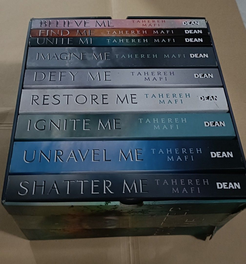Shatter Me 9 Book Box Set Tahereh Mafi (Category: Storybooks) located in Manila. Submitted by gettosave (Listing ID 1470321182, Image 2). Description: - Complete 9-book collection by Tahereh Mafi - Includes: Shatter Me, Unravel Me, Ignite Me, Restore Me, Defy Me, Imagine Me, Unite Me, Find Me, and Believe Me - Comes in the original decorative slipcase box - Brand new and authentic - Perfect gift for YA dystopian romance fans Box has damage due to