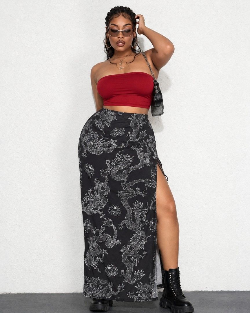 SHEIN Curve Dragon Print Split Maxi Skirt Plus Size (Category: Skirts) located in Manila. Submitted by babeboxtheory (Listing ID 1470290020, Image 1). Description: - Brand: SHEIN Curve - Size: 2XL (Brand new with tag attached) - Design: Black maxi skirt with all-over white Chinese dragon and lotus print - Fit: High waist with comfortable elastic band - Detail: Chic high side slit on the left leg - Material: Lightweight fabric with 5% elastane for