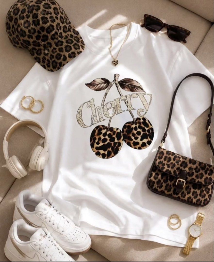 SHEIN Leopard Cherry Print White Crop T-Shirt (Category: Shirts) located in Manila. Submitted by dianafayesimbre (Listing ID 1470266494, Image 1). Description: - Size: 10Y on tag but fits xs to medium - Design: White tee with trendy leopard print cherry graphic - Fit: Cropped and short-sleeved - Material: Soft, comfortable cotton - Condition: Brand new - Styling: Easy to pair with your favorite shorts or jeans for a casual look.