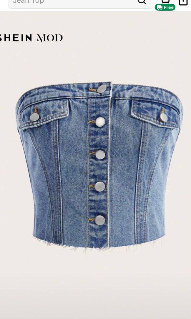 SHEIN MOD Raw Hem Button Front Tube Denim Top (Category: Sleeveless) located in Dasmarinas. Submitted by littleczarmer (Listing ID 1470295148, Image 1). Description: - used once - Details: Button-down front, fake pocket flaps at the chest, smocked elastic back panel for extra stretch and comfort .