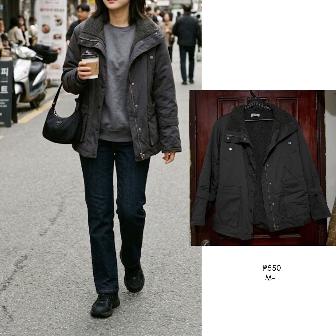 Sherpa lined dark grey utility jacket M-L (Category: Coats, Jackets and Outerwear) located in Pasig City. Submitted by styledfitsbymae (Listing ID 1470255239, Image 1). Description: - Color: Dark grey - Size: Fits Medium to Large frames - Condition: Worn a few times, very good shape - Features: Cozy sherpa lining on collar and inside, full zip front with snap buttons, deep front pockets, adjustable sleeve straps - Warmth: Thick material, designed