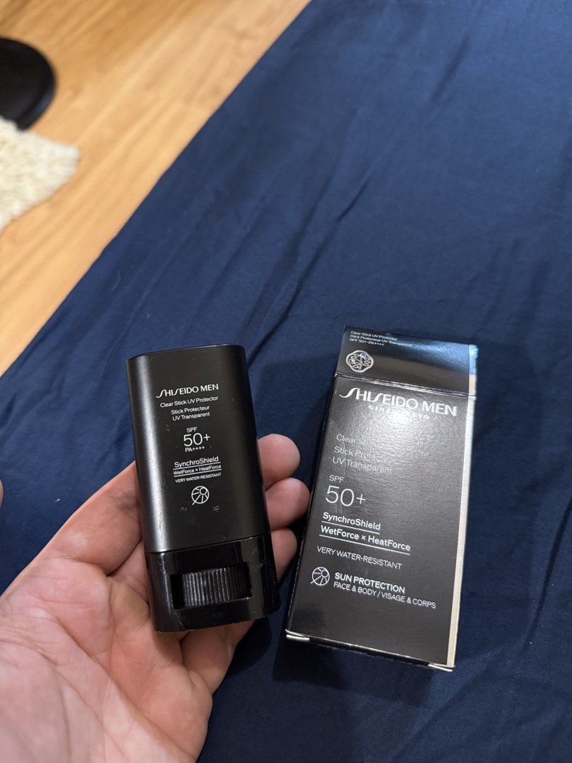 Shiseido Men Clear Stick UV Protector SPF 50+ (Category: Face Care) located in Mandaluyong City. Submitted by jamesy006 (Listing ID 1470287571, Image 2). Description: - Brand new, unopened box with actual product included - High sun protection: SPF 50+ and PA++++ - Advanced SynchroShield technology featuring WetForce and HeatForce - Transparent application with zero white cast - Very water-resistant formula suitable for both face and body.