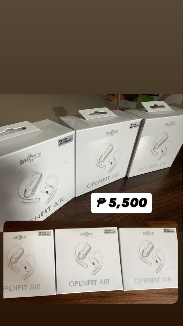 Shokz OpenFit Air Earbuds (Category: Earphones) located in Quezon City. Submitted by mhzlgsc (Listing ID 1470151353, Image 1). Description: - Brand: Shokz - Model: OpenFit Air True Wireless Open-Ear Earbuds - Color: White - Condition: Brand new, sealed in box - Warranty: 2-year warranty (printed on packaging) - Features: Open-ear design for situational awareness, perfect for workouts and daily use - Availability: Multiple units on hand.