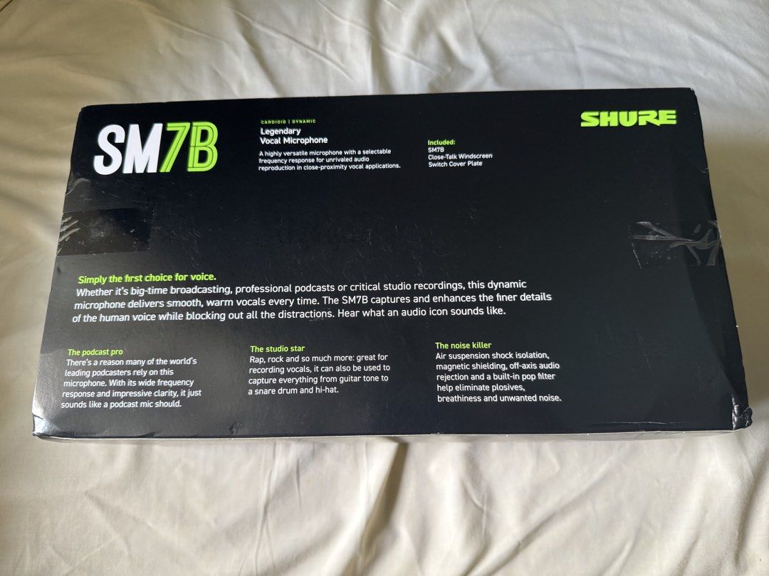 Shure SM7B Cardioid Dynamic Vocal Microphone (Category: Microphones) located in San Juan City. Submitted by jeremiah_deleon (Listing ID 1470172758, Image 3). Description: - Legendary Shure SM7B studio microphone for podcasting, vocals, and streaming - Delivers professional broadcast-quality sound with built-in pop filter and shock isolation - Lightly used and kept in 100% good working order - Includes original retail box, close-talk windscreen, a