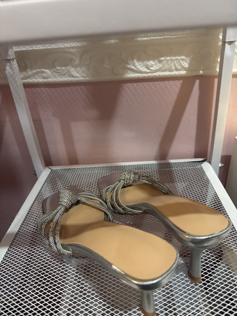 Silver Rhinestone Strappy Kitten Heels Size 35 (Category: Heels) located in Bacoor. Submitted by micsr (Listing ID 1470286902, Image 3). Description: For size 34-35 and slim feet medyo masikip na sa 36 - Style: Silver kitten heels with sparkly rhinestone front straps - Toe Shape: Trendy square toe - Comfort: Easy-to-walk-in heel height with nude insoles - Size: 35 (marked on sole).