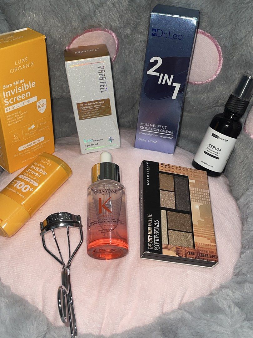 Skincare , Makeup , eyelashes & Brushes ( sold per piece ) (Category: Makeup) located in Cavite. Submitted by Daspark25 (Listing ID 1470225625, Image 2). Description: - skincare and makeup items - Includes trending brands: Skintific, Luxe Organix, Kerastase, Maybelline, Focallure, Gmeelan, Dr. Leo, Dazzle Me, and Pramy - Packed with cushions, sunscreens, serums, sun sticks, eyeshadow palettes, blushers, and beauty tools - Brand new—perfect for gi