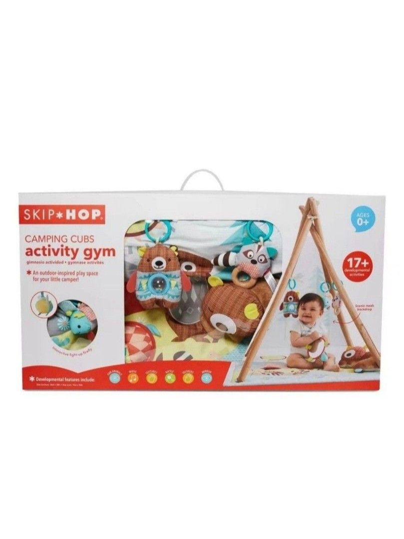 Skip Hop Camping Cubs Activity Gym (Category: Infant Playtime) located in Manila. Submitted by easy_a (Listing ID 1470308454, Image 1). Description: - Brand: Skip Hop Camping Cubs Activity Gym - Age: Suitable for newborns and up (0M+) - Features: 17+ developmental activities and outdoor-inspired design with a scenic mesh backdrop - Toys included: Musical bear, raccoon rattle, and baby-safe mirror - Benefits: Great for sensory development, tummy t