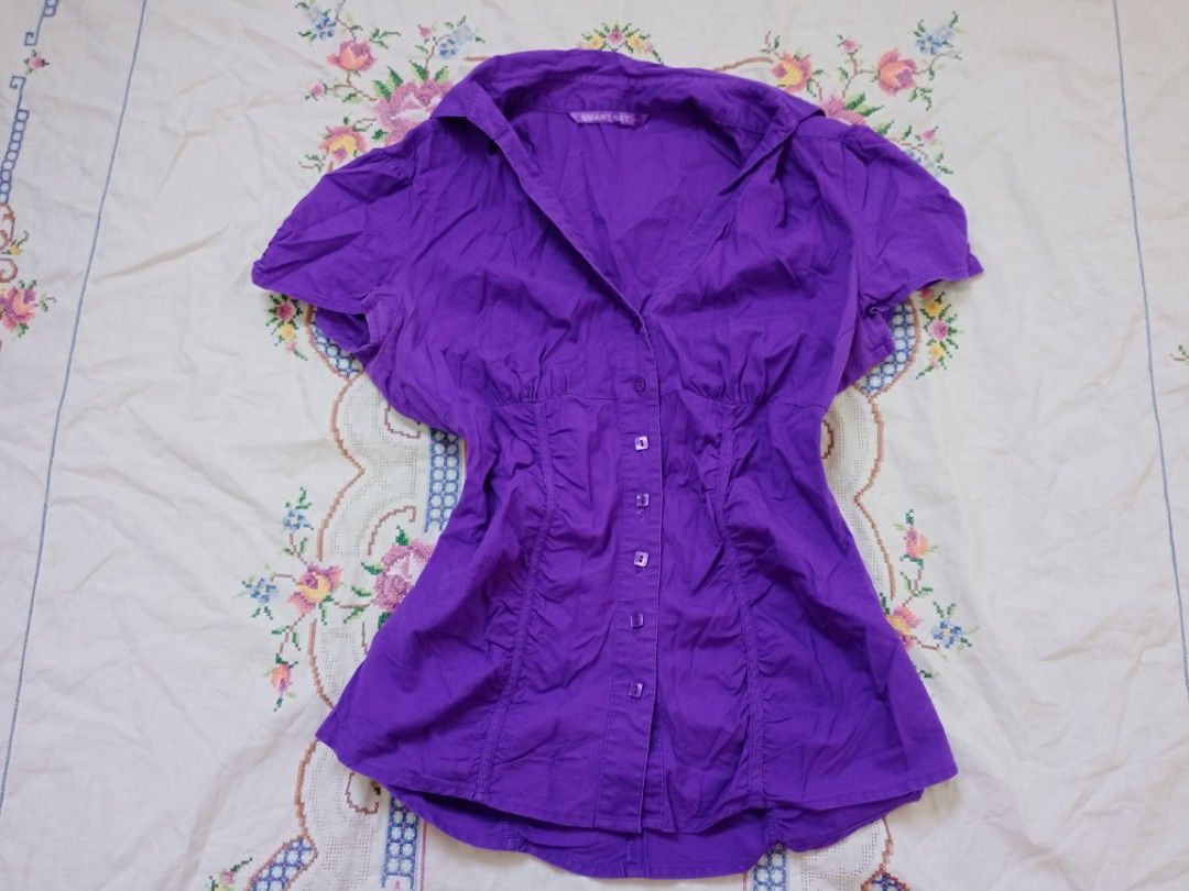 Smart Set Purple Button-Up Blouse Short Sleeve (Category: Blouses) located in Binan City. Submitted by shayclothies_ (Listing ID 1470263874, Image 1). Description: 🍄 xxs - m 🍄 no issues/flaws 🍄 great for siren office vibes !.